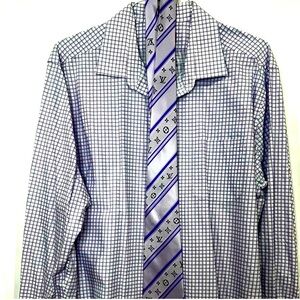 Mens Chaps Checkered Dress Shirt White & Purple long sleeves pocket nice texture